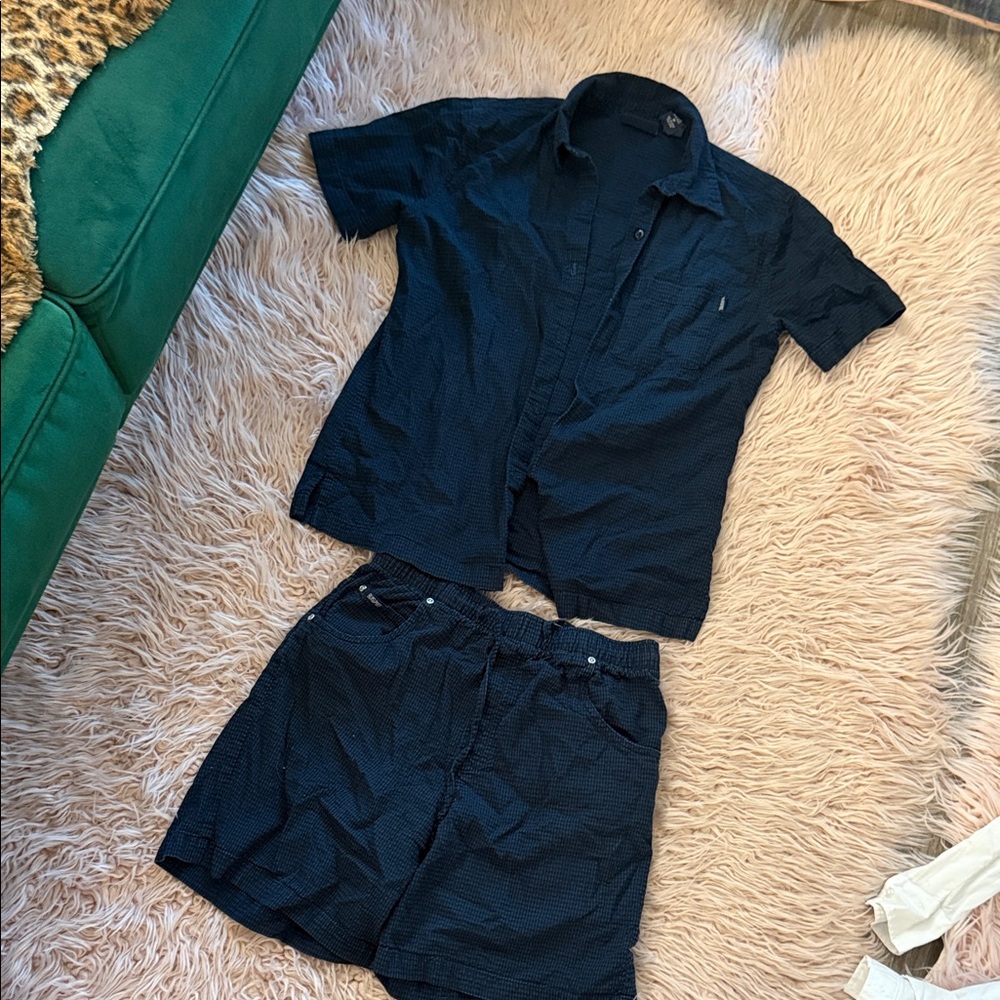 bill blass sport 80s Navy Blue Short Sleeve Shirt and Shorts Set